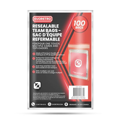EVORETRO Resealable Team Bags for Trading Cards - 100 Pack Trading Card Team Bags for Toploaders & One-Touch (35pt–100pt) - Acid-Free Crystal Clear TCG Card Sleeves for Storage & Display - size: Resealable Team Bags (Pack of 100)