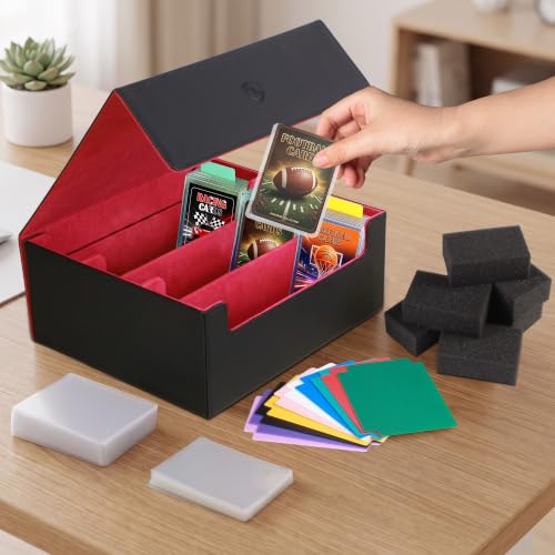 Trading Card Storage Box, Holds 1800 Sleeved Card, PU Magnetic Closure | 200 Toploaders and 600 Penny Sleeves INCLUDED, 10 Dividers and 6 Foam Stoppers INCLUDED, Fit for MTG, TCG and Sports Cards - color: Black and Red