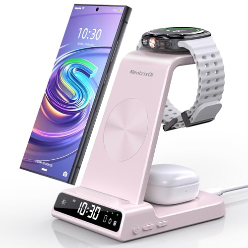 Wireless Charger for Samsung, Android Charger for Samsung Galaxy S25 Ultra | Charging Station for Samsung Phones, Galaxy Watch, Galaxy Buds. (Not for Apple Watch; Nightstand Charger, Adapter Included) - color: Pink