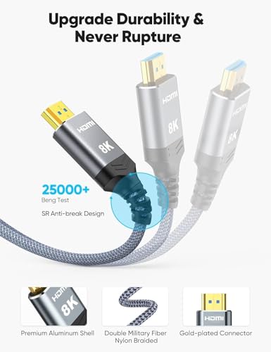 Highwings Long 8K Fiber Optic HDMI Cable 49FT, 2.1 Unidirectional 48Gbps High-Speed Slim HDMI Braided Cord 8K60Hz 4K120Hz HDR/eARC HDCP 2.2/3D Compatible for PS5 and DVD Player - size: 49 feet
