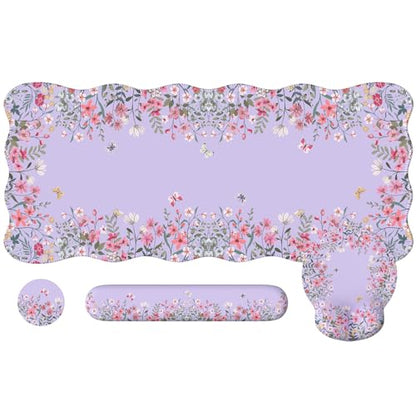 iCasso Desk Mat Set,Large Mouse Pad with Wrist Rest,Ergonomic Keyboard Wrist Support for Women,Girly Floral Computer Mat with Scalloped Edges,Non-Slip Desk Pad Home Office Gaming (Purple) - color: Purple