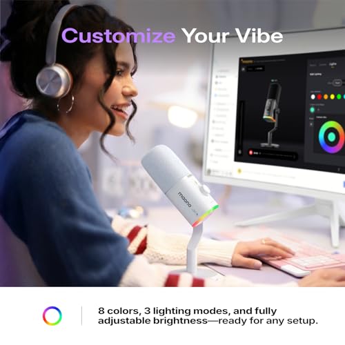 MAONO PD100W Wireless USB Dynamic Microphone, Gaming PC Mic with One-Click Noise Reduction,Mute Button,Custom RGB,3.5mm Headphone Jack,Software, Podcast Streaming Mic (Desktop(USB-C Receiver), White) - color: White