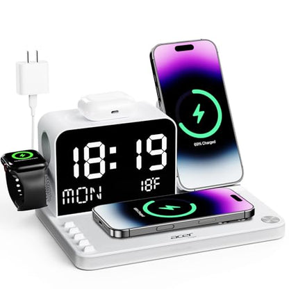 Acer 7-in-1 Wireless Charging Station with LED Clock - 30W Fast Wireless Charger for iPhone 16/15/14/13/12/Pro Max, Apple Watch, AirPods - Bluetooth Auto Time Sync & Night Lights (White) - color: White