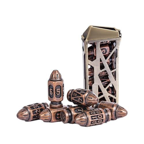 UDIXI Metal DND Bullet Dice Set, Polyhedral Bullet Metal Dice Set Copper | 7PCS, Cool Style, Magazines Container and PU Leather Bag, for D&D Dungeons and Dragons Role Playing Games and Tabletop Games - color: Copper