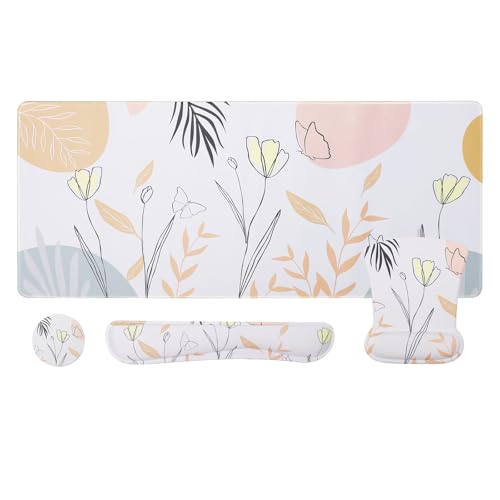 MEGREZ 4-in-1 Mouse Pad with Wrist Rest Ergonomic Memory Foam Desk Mat Set | ergonomic, anti-slip base, 4pcs set, desk pad, mouse wrist rest, keyboard rest, coaster, ideal for office & gaming - color: Butterfly Flower