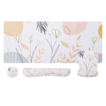 MEGREZ 4-in-1 Mouse Pad with Wrist Rest Ergonomic Memory Foam Desk Mat Set | ergonomic, anti-slip base, 4pcs set, desk pad, mouse wrist rest, keyboard rest, coaster, ideal for office & gaming - color: Butterfly Flower