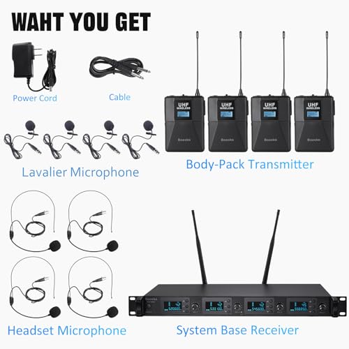 Wireless Microphone System 4 Channel UHF 4 Lavalier Lapel Headset Mics for Karaoke Church Speaking Conference Meeting Party, 4x25 Adjustable Frequency (4 Bodypack) - size: 4 Bodypack