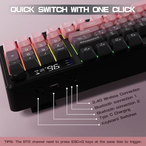 LexonElec M96 Wireless Keyboard, Low Profile Quiet Typing Membrane Gaming Keyboard with Smart Display & Knob, RGB Backlit, USB C Rechargeable, 94 Keys PBT Keycap for Windows PC, Mac, Linux-BlackBerry - color: Blackberry