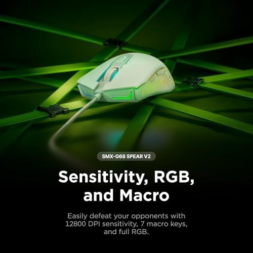 Rampage Spear V2 White Wired Gaming Mouse with RGB Lighting – 12800 DPI, 7 Programmable Buttons, Lightweight Ergonomic Gaming Mouse for PC/Mac/Laptop Gamers - color: White