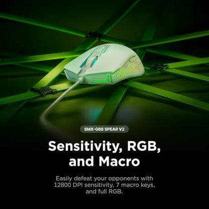 Rampage Spear V2 White Wired Gaming Mouse with RGB Lighting – 12800 DPI, 7 Programmable Buttons, Lightweight Ergonomic Gaming Mouse for PC/Mac/Laptop Gamers - color: White