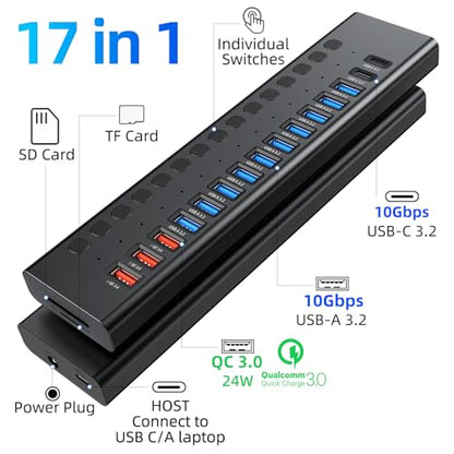 VANGREE Powered USB Hub 10Gbps, 17 Ports USB 3.2 Hub, 96W Power Adapter | 10 USB-A 3.2, 3 QC 24W Fast Charging, 2 USB-C 3.2, SD/TF, 12V/8A Power Adapter for Laptop, PC, Computer, HDD, Flash Drive - color: Black