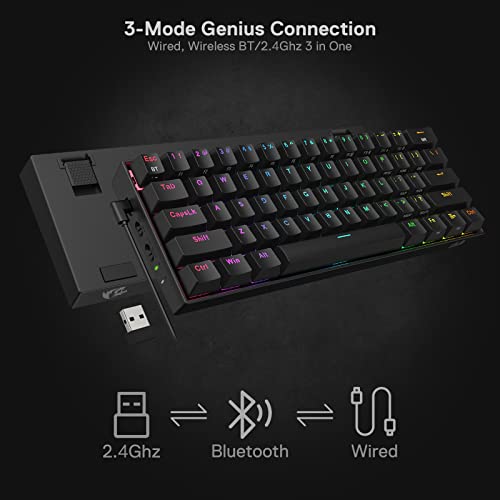 Redragon K530 Pro Draconic 60% Wireless RGB Mechanical Keyboard, BT/2.4Ghz/Wired 3-Mode 61 Keys Compact Gaming Keyboard w/Hot-Swap Socket, Free-Mod Plate Mounted PCB & Tactile Brown Switch - color: Black, size: Brown Switch