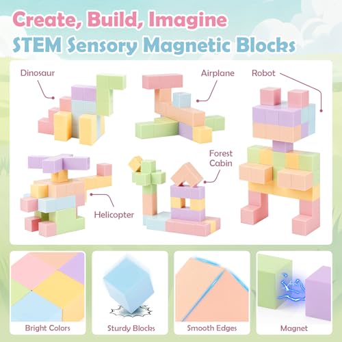 52 PCS Magnetic Blocks with Metal Box, 0.8in Mini Building Cubes Travel Set | Magnetic Building Blocks Toddler Travel Essentials Toys, STEM Educational Magnet Building Sensory Toys for Boys Girls Gifts - color: Pink