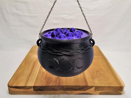 Witch's Cauldron Bowl with Bubbling Potion Lid and Chain - Spooky Halloween Goth Decor - RPG Dice Holder Stash Storage (6in Triple Moon) - size: 6in Triple Moon