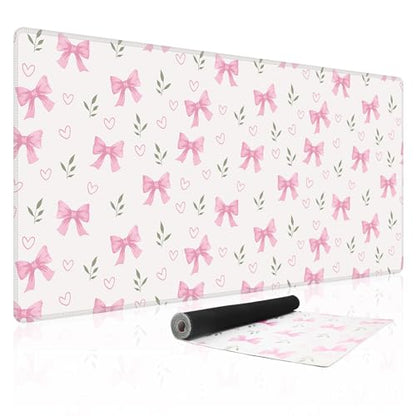 Baziabbo Pink Desk Mat,XXL Extended Big Mouse Pad,Gaming Mousepad with Stitched Edge,Non-Slip Rubber Base Keyboard Desk Pad for Home Office Study Game - color: Bowknot