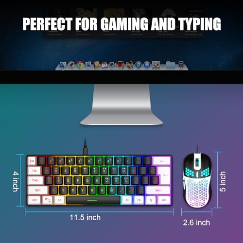 RedThunder 60% Gaming Keyboard and Mouse Combo, Ultra-Compact 61-Key RGB Backlit Mini Keyboard, Lightweight 7200 DPI Honeycomb Optical Mouse, RGB Wired Gaming Set for PC PS5 Xbox Gamer(Black-White) - style: 01 Black-White Wired Combo