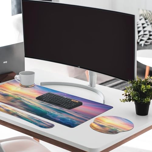 Britimes Sunset Beach Keyboard Mouse Pad Set 4in1 Large Mousepad+Keyboard Wrist Rest+Mouse Wrist Rest+Coaster Set with Ergonomic Design for Home Office Computer 35.4x15.7 inches - color: Sunset Beach