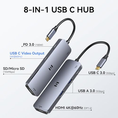 USB-C Hub HDMI Adapter for MacBook Pro/Air, 8-in-1 USB-C Video Hub with HDMI 4K@60Hz, SD/TF, USB-C Data Port, 100W PD, USB 3.0, USB-C Dongle Compatible with Dell XPS/Lenovo Thinkpad/HP/Surface/Yoga - size: 8-in-1
