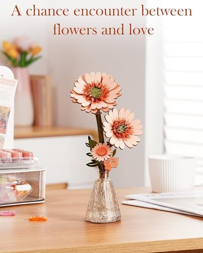 3D Flower Wooden Puzzles for Adults-Gerbera Daisy, DIY Wooden Flowers Model Kit Building Set Crafts for Adults to Build, Botanical Collection/Ideal Creative Gift Ideas/Housewarming (105PCS) - style: TW - Light Orange Daisy