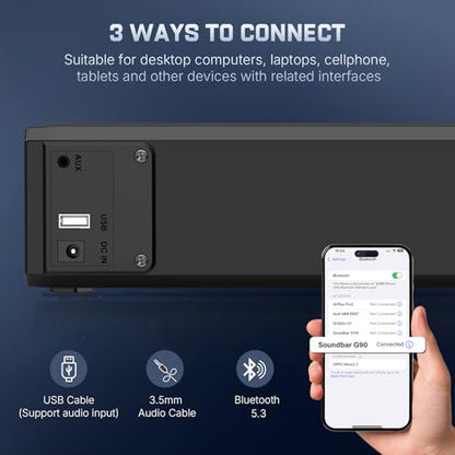 2.1 Computer Speakers for Desktop PC, Bluetooth 5.3 Computer Sound Bar with HiFi Sound, 7 RGB Light Modes, DC Powered Laptop Speakers with 3.5mm AUX-in/USB Connected for Game, Music and Movie