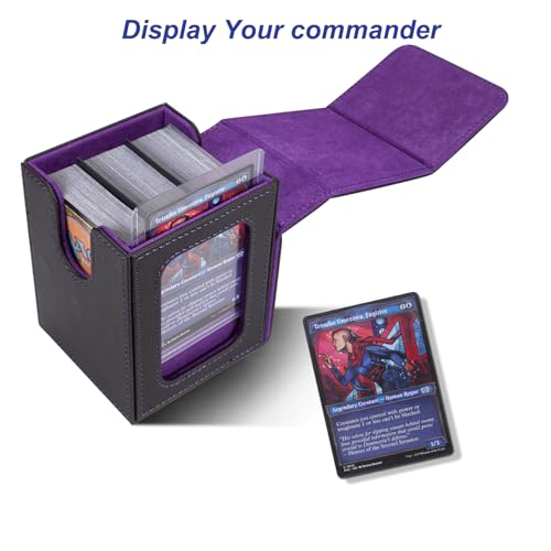 AFIING MTG Deck Box for Commander Display,Card Deck Box Fits 100 Double Sleeved Cards, Magic Commander TCG Card Storage Box with 2 Dividers,Drawstring Bag and 1 Toploader(Black/Purple) - color: Commander Black Purple