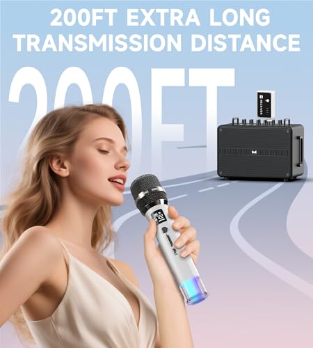 Wireless Microphones, Microphone with One-to-One Chip Connection and LED Lights, 40H Duration, 200FT Range Receiving, Volume Control Karaoke Microphone for Singing, Speech, Home Party, YouTube/TikTok