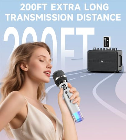 Wireless Microphones, Microphone with One-to-One Chip Connection and LED Lights, 40H Duration, 200FT Range Receiving, Volume Control Karaoke Microphone for Singing, Speech, Home Party, YouTube/TikTok