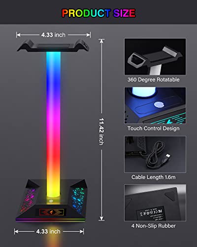 Hcman Headphone Stand Gaming Headset Holder RGB PC Gaming Accessories for Desk, Cool LED Headset Stand with 2 USB Charger for Gamer, Black | PC Accessories for Desk, Cool LED Headset Stand with 2 USB Charger for Gamer, Black