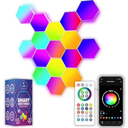 16-Pack Hexagon RGB LED Wall Lights, Smart Modular Light Panels with App & Remote Control, Music Sync Color Changing Lights, DIY Gaming Room Decor, Bedroom LED Wall Lighting, Expandable Design