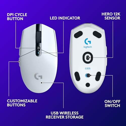 Logitech G305 Lightspeed Wireless Gaming Mouse - White | 12,000 DPI, Lightweight, 6 Programmable Buttons, 250h Battery, On-Board Memory, Compatible with PC and Mac - color: White, style: Classic