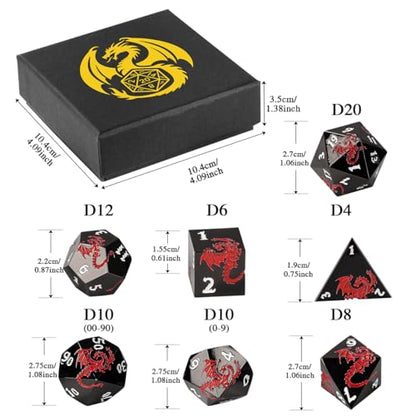 Metal Dice Set, Flat Face Black Red Dragon Pattern, 7pcs Polyhedral Metal DND Dice Set, DND Starter Set, D&D Gifts with Gift Box, Role Playing Board Games Accessories, Black - color: Black+red