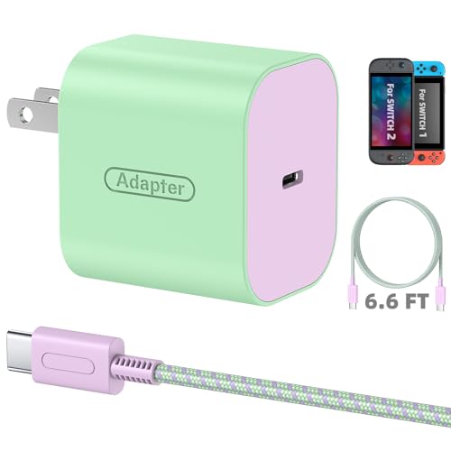 Switch 2 Charger with 6.6FT/2M USB-C Cable - 60W AC Power Adapter, Support 4K TV Dock & PD3.0 Fast Charging,Power Supply 20V/3A Charger for Nintendo Switch 2,Wii Charger(6.6FT - Pastel Green & Purple) - size: 6.6FT (Pastel Green & Purple)