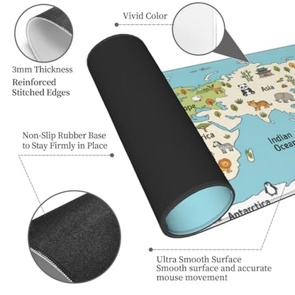 World Map Animals Gaming Mouse Pad, Large Extended Desk Mat (31.5x11.8 in), Non-Slip Rubber Base Stitched Edges Mousepad for Work Office Gaming School - color: 18