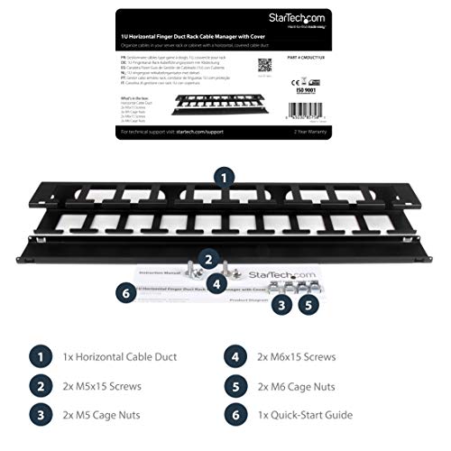StarTech.com Horizontal 1U Server Rack Cable Management Finger Duct w/ Cover - 19" Network Rack Wire Duct Raceway Panel - Slotted Wire Duct (CMDUCT1UX) | Routes & bundles cables, Slotted raceway, Removable top cover, Pass-through holes, Server room, 2-yea