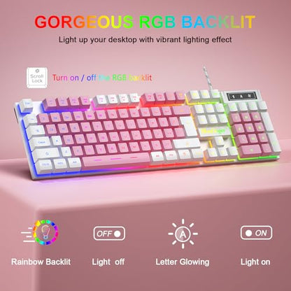 BlueFinger RGB Gaming Keyboard and Backlit Mouse Combo, USB Wired, LED Gaming Set for Laptop PC Computer Game and Work (White & Pink) - color: White & Pink