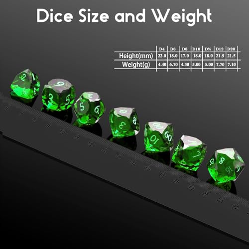 Crystal Multifaceted Polyhedral Dice Set 7 PCS for DND, RPG Tabletop Gaming, Collectors | Tinbox Packing, Gemstone Effect Dice (Emerald) - color: Emerald