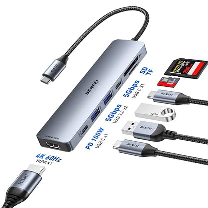 BENFEI 7-in-1 USB C Hub with HDMI(4K@60Hz), 2 USB-A, 1 USB-C Data, 100W Charge, SD/TF Card Reader, Silicone Tangle-Free Cable Compatible with MacBook Pro/Air, iPad Pro, iMac, iPhone 15 Pro/Pro Max - color: Grey
