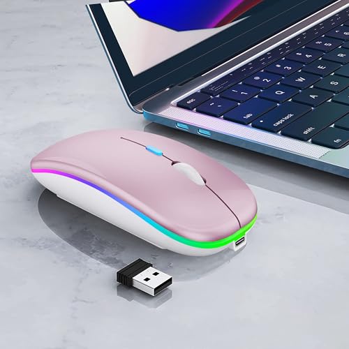 WREANU Wireless Bluetooth Mouse Rechargeable Laptop Mice with LED Lights Silent Slim Use(BT5.2 and 2.4G Portable USB Receiver) Dual Mode Computer Mouse for Laptop/iPad/Tablet/Apple/Computer/Mac(Pink) - color: Pink