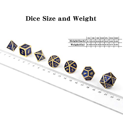 DnDnD Heavy Polyhedral Metal Dice Set with Metal Box, 7-die Shiny Blue Surface with Golden Number for RPG,Dungeons and Dragons,Pathfinder,Shadowrun,D&D,Role Palying Game and Math Teaching - color: Blue With Gold