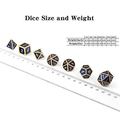 DnDnD Heavy Polyhedral Metal Dice Set with Metal Box, 7-die Shiny Blue Surface with Golden Number for RPG,Dungeons and Dragons,Pathfinder,Shadowrun,D&D,Role Palying Game and Math Teaching - color: Blue With Gold