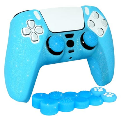 Blue Glitter Silicone Protective Case for PS5 Controller, Sparkly Bling Soft Cover Skins, Includes 8-in-1 Glitter Thumb Grip Caps + 2 Cat Paw Caps – Shockproof Dustproof Anti-Slip - color: Blue