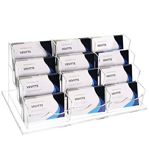Vevitts Business Acrylic Card Holder Display for Desk, 12 Slots 4 Tiers Multiple-Clear Acrylic Business Card Stand Set, Holds Approximately 600 Cards