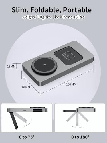 3-in-1 Foldable Wireless Charging Station for iPhone, Apple Watch, AirPods, Aluminum Alloy Frame, 15W Fast Charging, 0-180 Adjustable Stand, Qi Magnetic Wireless Charger (Gray)