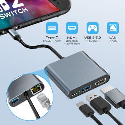 Switch 2 Dock,Portable USB C Docking Station with 4K@60Hz~120Hz HDR/PD Max 100W/1000M Ethernet/2 USB 3.0 Port,Aluminum Alloy Travel TV Dock for Switch/Steam Deck/ROG Xbox Ally X/Legion Go 1/2/S - size: LAN Model