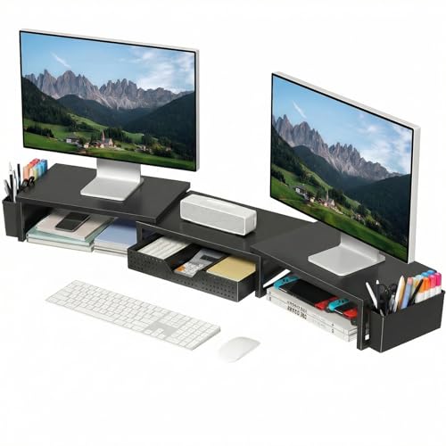 OPNICE Desk Organizers and Accessories, Dual Monitor Stand Riser with Drawer and 2 Pen Holders, Desk Shelf Computer Racks for Office Workspace Organizers, Desktop Organization (Charcoal Black) - color: Charcoal Black