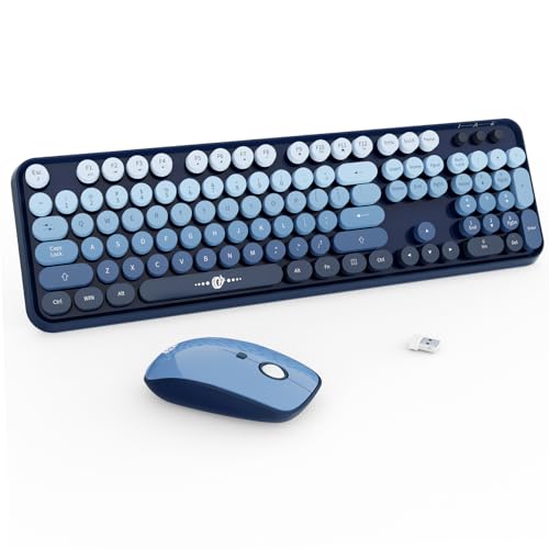 Wireless Keyboard and Mouse Combo - 2.4G Full-Sized Cute Colorful Mouse and Keyboard with 104 Round Keys Retro Typewriter Keyboard for Laptop/Windows/PC - Blue Gradient - color: V2020 Blue Gradient