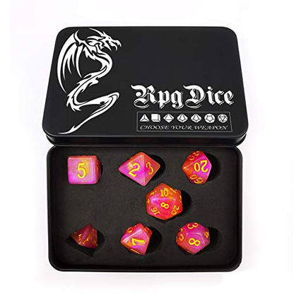 Bescon Magical Stone Dice Set Series, 7pcs Polyhedral RPG Dice Set RoseQuartz, Black Tinbox Packing - color: Rosequartz in Tinbox