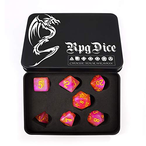 Bescon Magical Stone Dice Set Series, 7pcs Polyhedral RPG Dice Set RoseQuartz, Black Tinbox Packing - color: Rosequartz in Tinbox