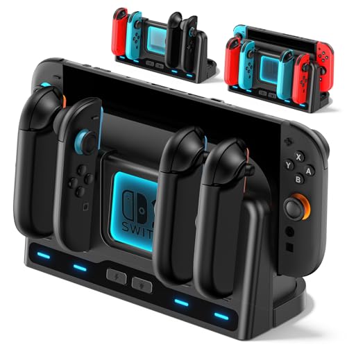 for Mac Game Switch 2/1 Charging Dock Station Compatible with Joycon 1/2 Controller, Switch 2 Controller Charger, Joycon Charging Dock, Game Accessories with 9 RGB Light Modes - size: L-Black-Switch 1/2