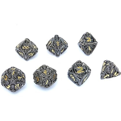 Metal Skull Dice Set Hollow Multi-Sided Dungeons & Dragons Dice 7CPS Role-Playing Dice Set with Flannel Bag Suitable for D&D Board Game Cards (Black Gold) - color: Black Gold